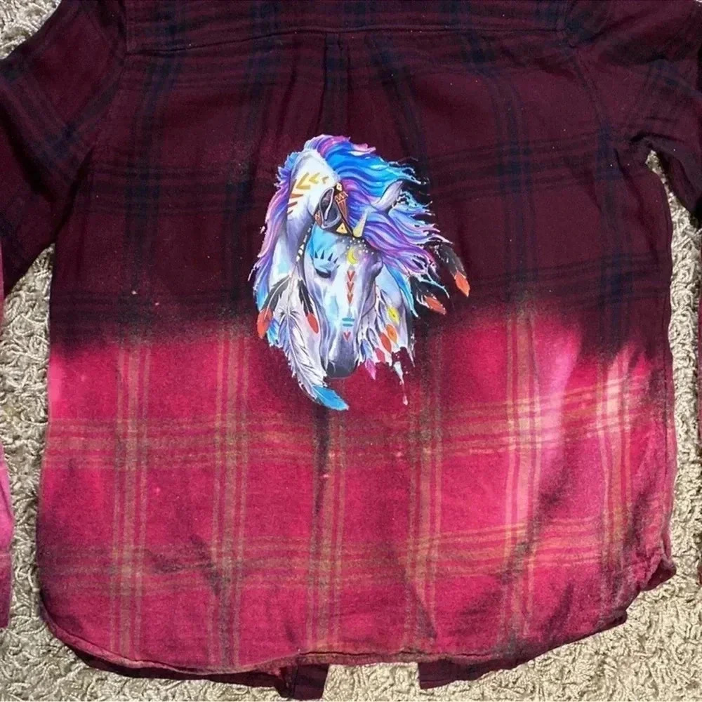 Jessica Simpson Bleached Repurposed Dark Red flannel with horse graphic-Size Med - Picture 3 of 8